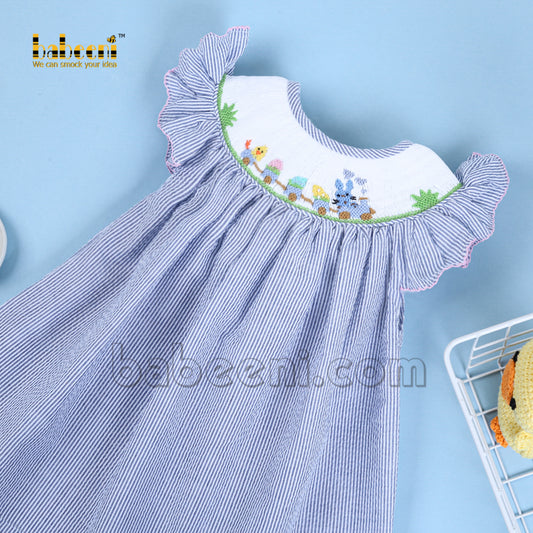 Easter train embroidery dark blue stripe girl dress - DR 3338