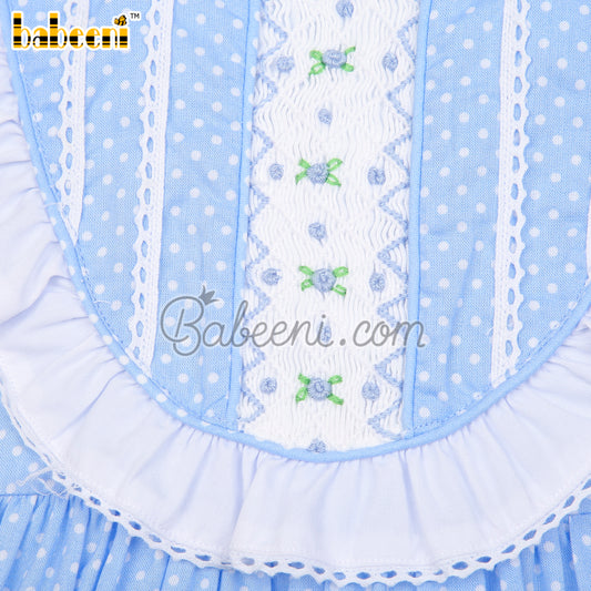 Lovely little girls dot blue smocked dress - DR 3233A