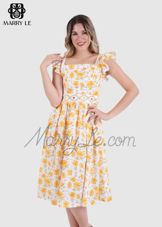 YELLOW FLOWER PRINTED WOMEN DRESS WITH FLORAL EMBROIDERY – MD564