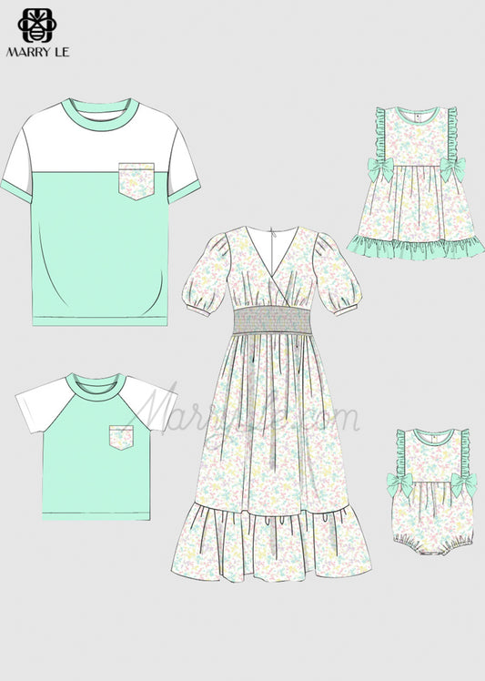 FAMILY MATCHING FLORAL PRINT V-NECK MIDI DRESS AND COLORBLOCK TSHIRTS SET - MD447