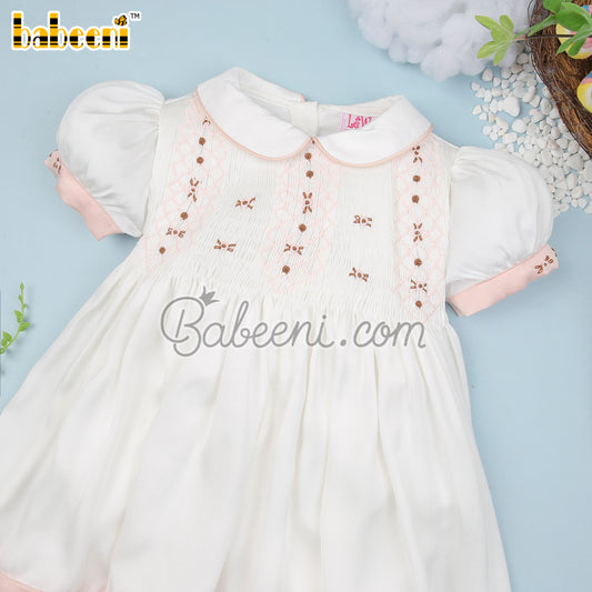 Beautiful little girls white satin floral smocked dress - DR 3231A