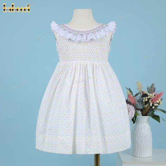 Girl Geometric Smocked Dress In White Flower Hand Embroireded - DR3787