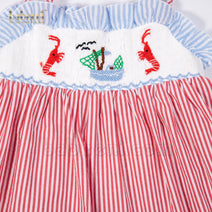 Lovely red striped girl dress with smocked shrimp and boat - DR 3088