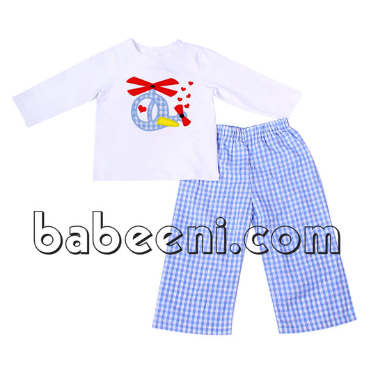 Nice love helicopter appliqued clothing set for little boy - BC 668