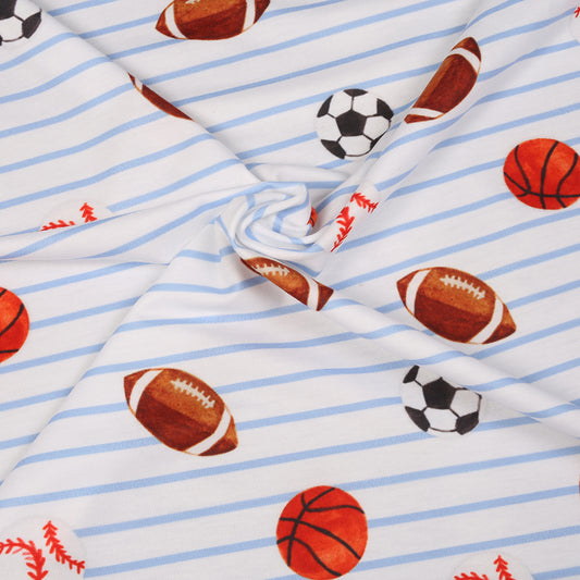 K227 - sportballs on blue stripe knit printed 4.0 fabric
