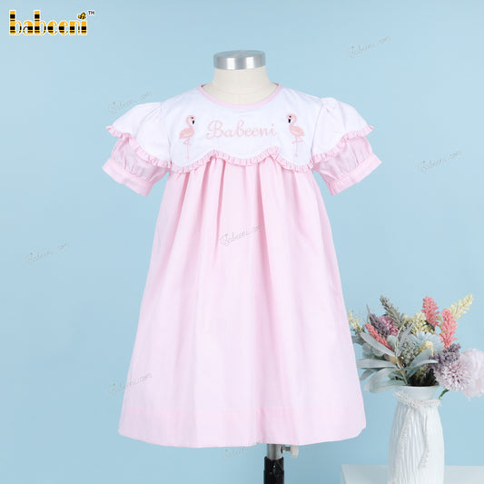 Girl Chain Stitch Flamingos Pink Dress  - DR3803
