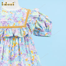 Blue Yellow Floral Plain Dress For Girl - DR3687