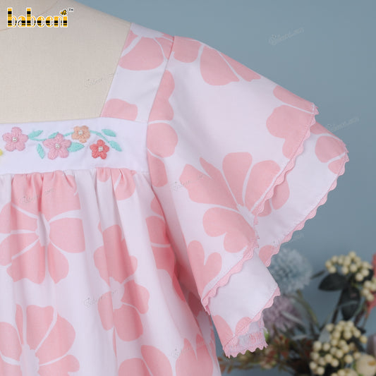 Girl dress woven 4.0 printing pink flower with handmade bead embroidery jewellery - DR4155