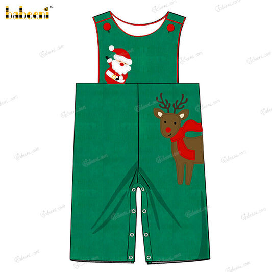 Boy Shortall In Green Reindeer And Santa Claus Embroidered - BC1301