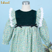 Honeycomb Smocked Dress Green Velvet Accent For Girl - DR3707