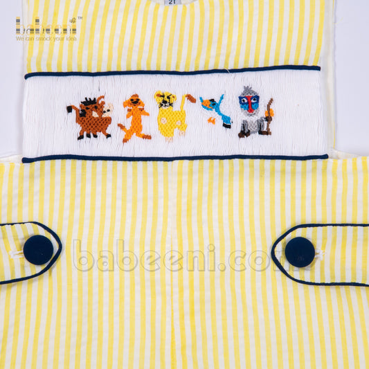 Animals yellow medium stripe seersucker shortalls for little boys-BC893