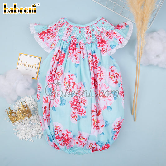 Smocked flowery geometric  pink Peony girl  bubble - DR 3048A