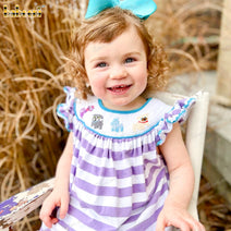 Smocked Bishop Dress In Purple With White Stripes For Girl