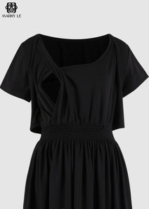 WRAP & SHIRRED NURSING DRESS - SOLID BLACK KNIT - MD439