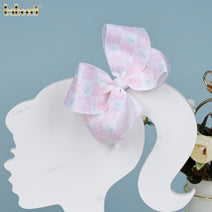 Pinkflower and white ribbon plaid bow - HB164