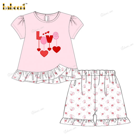 Girl Applique Heart Outfit In Pink - DR3858