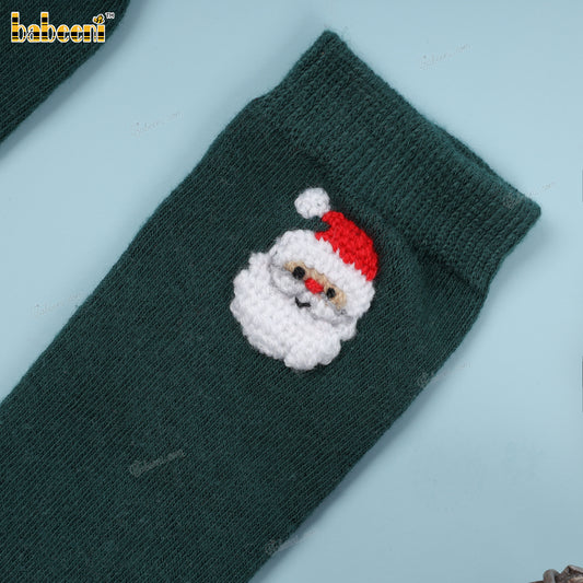 Kid Sock In Dark Green Santa Claus Embroidered - HS34