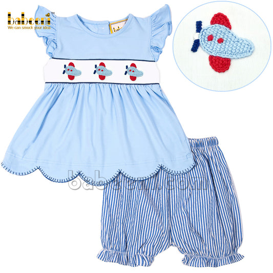 Blue airplane crochet embroidered set for girl - DR 3218