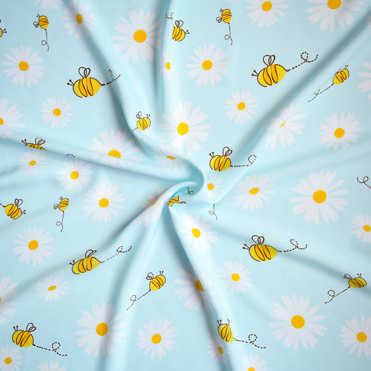 V8- Daisy and bee on Blue viscose fabric printed 4.0