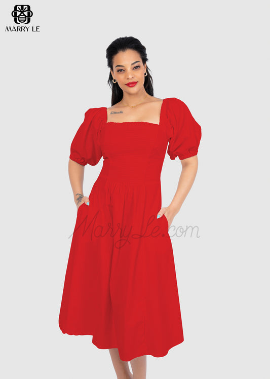 PURE RED TRAPEZOID COLLAR SHIRRING DRESS - MD344