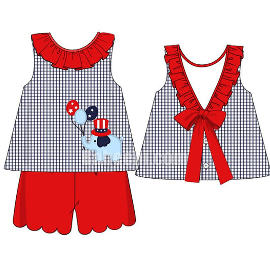 Independence day girl short set with appliqued elephant pattern- DR2758