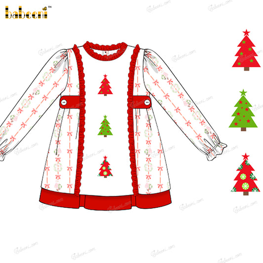 Girl Dress In White With Christmas Tree Embroidered - DR4035