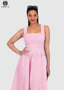 SHIRRED STRAP SQUARE NECK LIGHT PINK GINGHAM ALINE DRESS - MD343