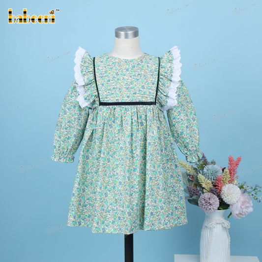 Plain Dress Green Floral Butterfly Neck For Girl - DR3639