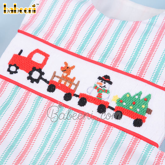 Train carrying Christmas gift smocked boy shortall – BC 1075