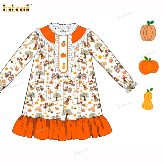 Girl Dress Hand Embroidered Three Pumpkins - DR4018