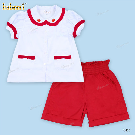 Embroidery Outfit Apple Neck Red Accents Red Bottom For Girl - DR3676