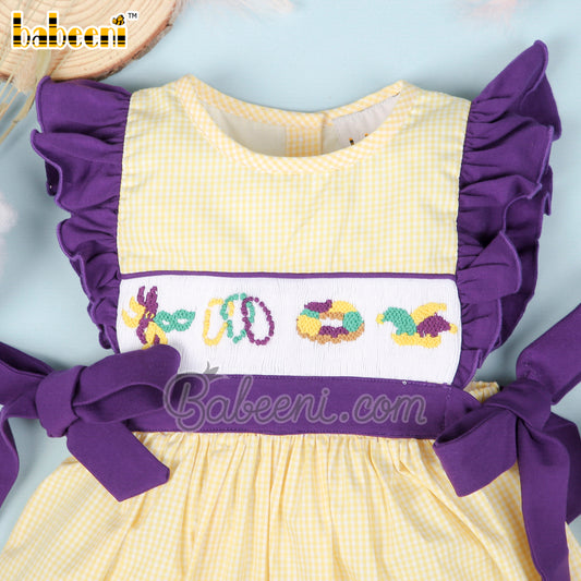 Mardi Gras hand smocked yellow gingham dress – DR 3445