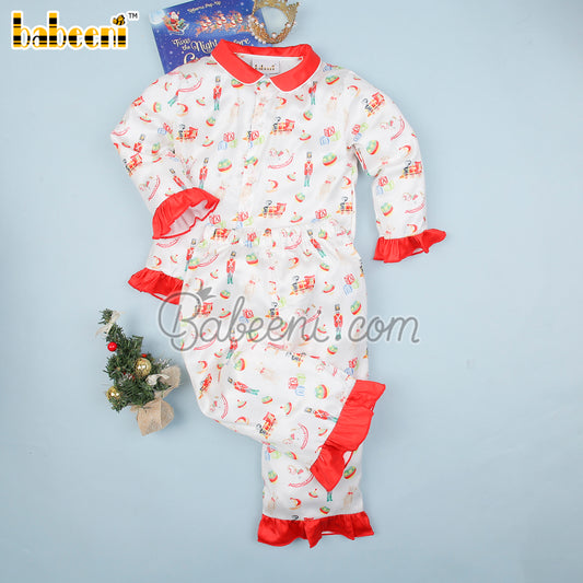 Lovely silk satin pajama for little girls with toys printed on fabric - PJ 50A