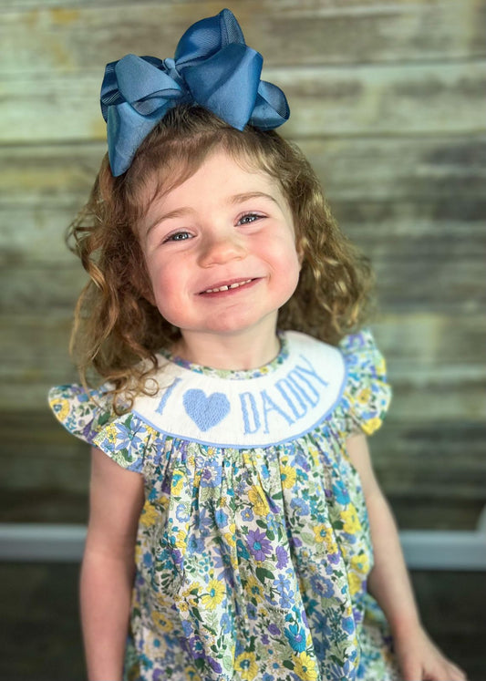 Bishop Smocked Dress \"I ❤ DADDY\" And Floral Pattern For Girl