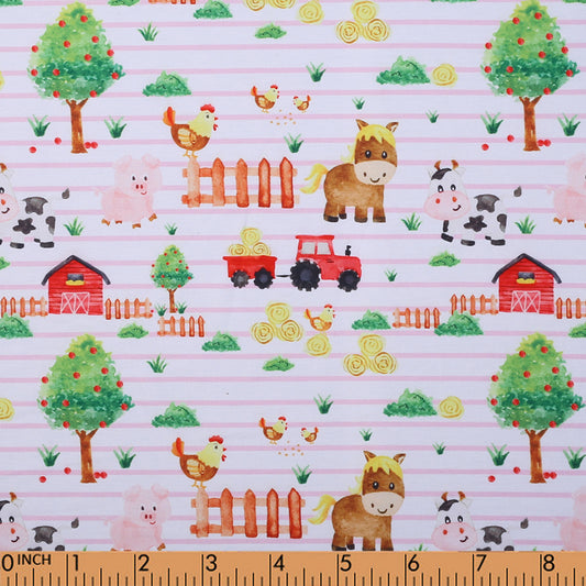 K224 - farm animals on pink stripe knit printed 4.0 fabric