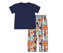 I33- Orange and Navy Madras printed 4.0 in pique fabric