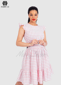 FLUTTER SLEEVE RED PLAID MIDI DRESS WITH RUFFLE HEM - MD18