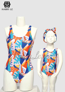 COLORFUL MOSAIC LEAVES MOTHER AND DAUGHTER MATCHING ONE PIECE SWIMSUIT - MD484