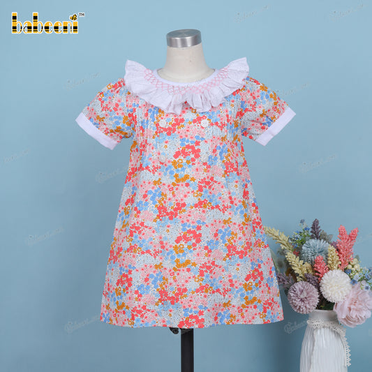 Geometric Smocked Dress Colorful Floral White Neck For Girl - DR3658