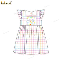 Girl Colorful Dress With Embroidered Pink Bunny - DR3826