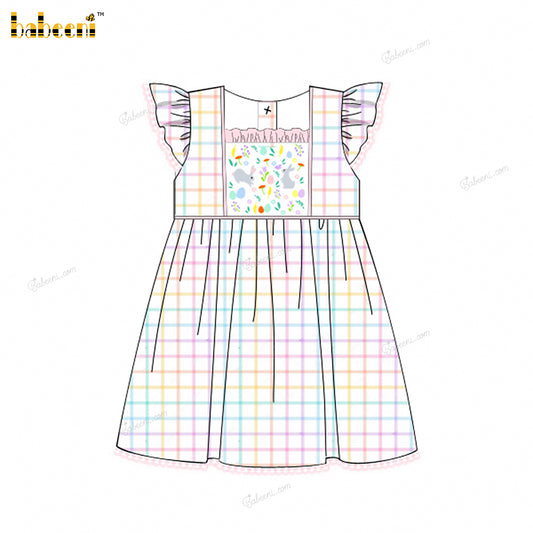 Girl Colorful Dress With Embroidered Pink Bunny - DR3826