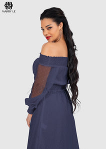 OFF SHOULDER SMOCKED DARK NAVY DRESS - MD323