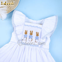 Smocked rabbit big ruffle chest white baby dress - DR 3135