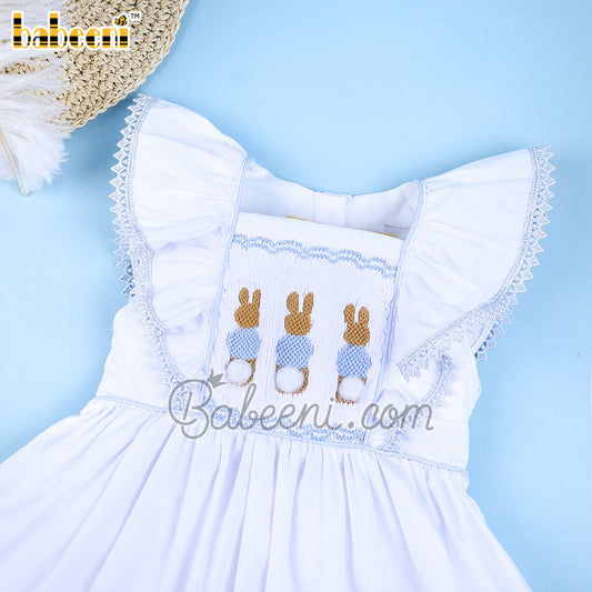 Smocked rabbit big ruffle chest white baby dress - DR 3135