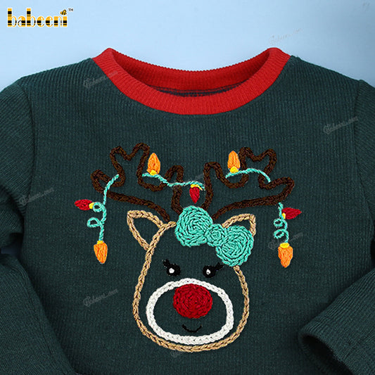 Girl Wool Dress In Green And Red Reindeer - DR3860