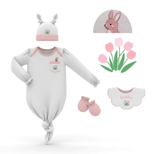 DR4591 – Pink Bunny Hand-Embroidered Sleep Gown Newborn Gift Set