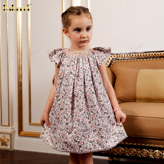 Hand-smocked Floral Flutter Sleeve Girl Dress - VAG002
