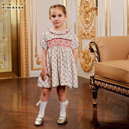 Classic Hand-Smocked Floral Dress with Ruffled Collar - VAG005