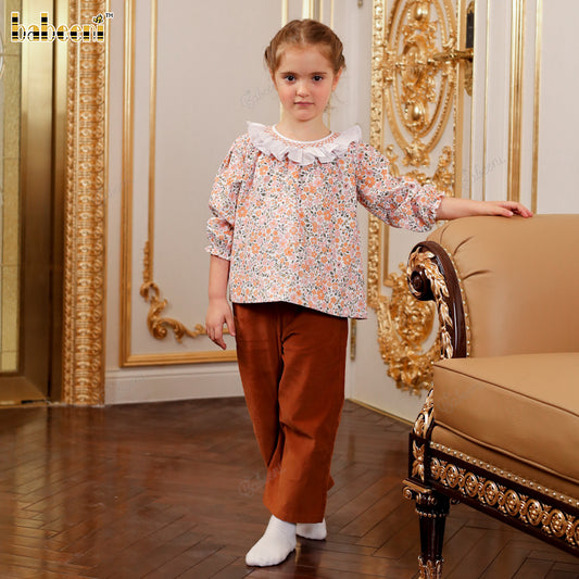 Girls' Corduroy Set with Smocked Collar Top and Matching Pants - VAG015