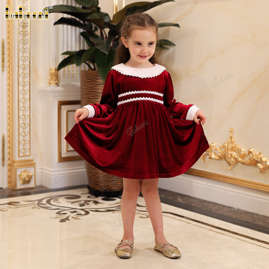 Flared Velvet Dress with Lace Accents and Corduroy Collar - VAG018
